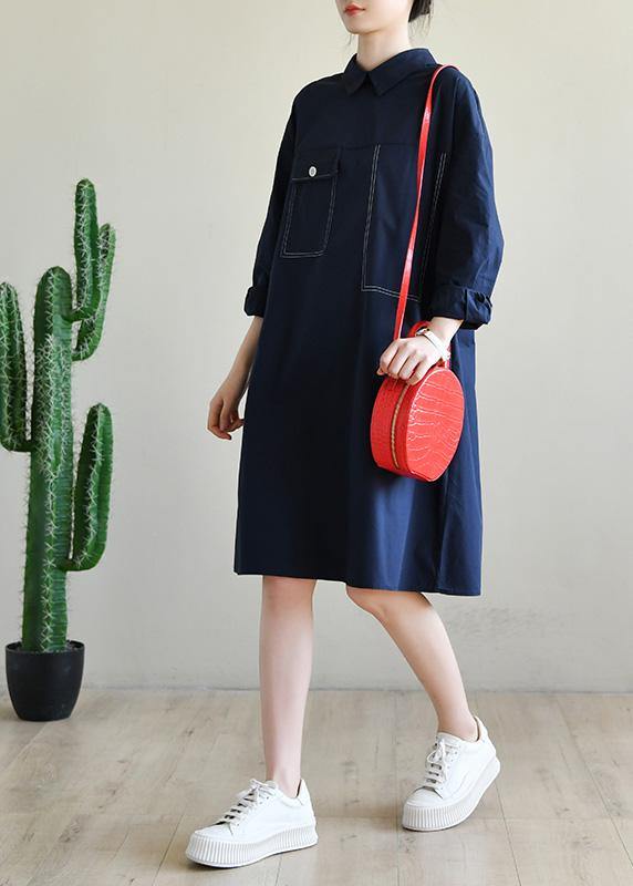 Navy Long Sleeve Peter Pan Collar Cotton Spring Dresses