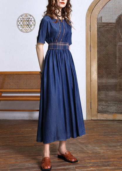 Navy O-neck Bow Tie Waist Silk Cotton Denim Maxi Dresses Short Sleeve