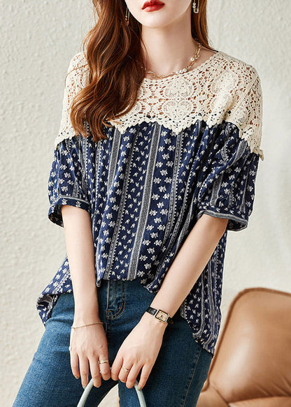 Navy O-neck Print Lace Patchwork Shirt Summer