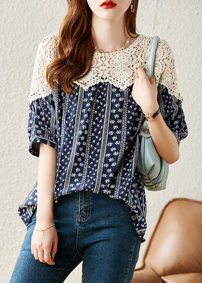 Navy O-neck Print Lace Patchwork Shirt Summer