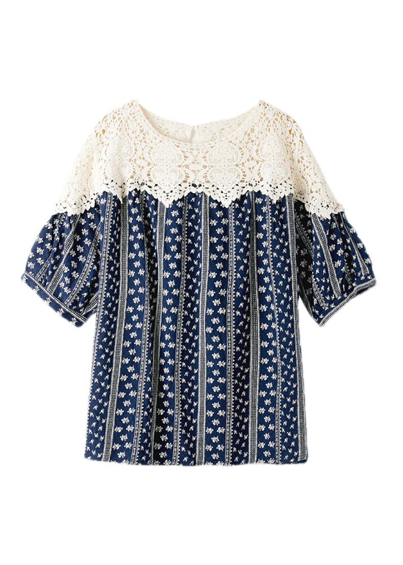Navy O-neck Print Lace Patchwork Shirt Summer