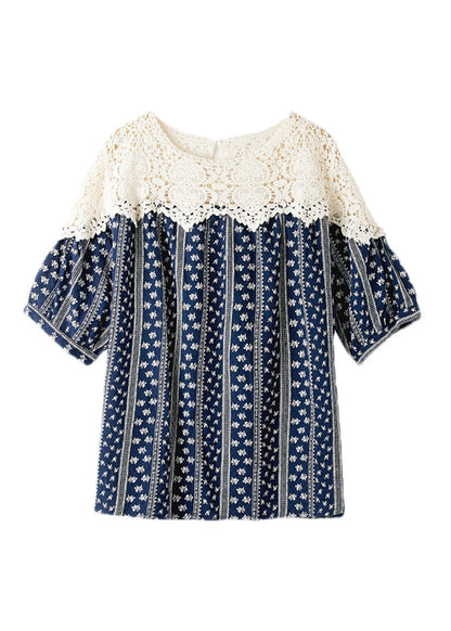 Navy O-neck Print Lace Patchwork Shirt Summer