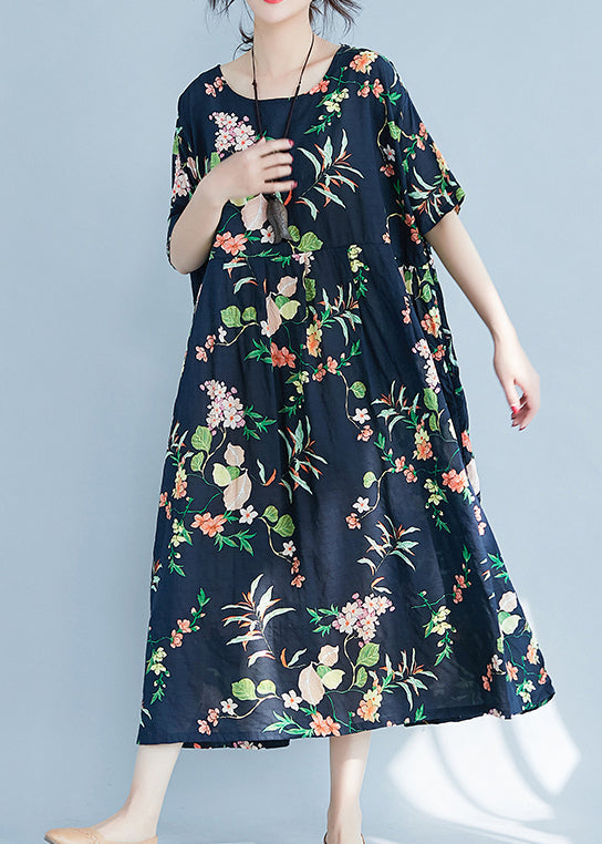 Navy O-neck Zippered Pocket Print Dresses Short Sleeve