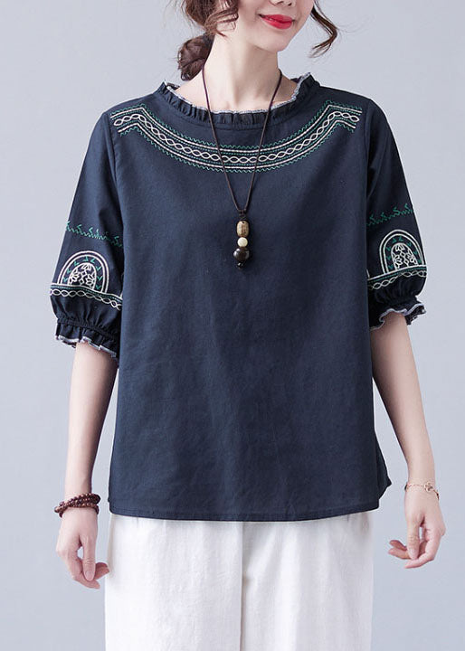 Navy Original Design Ruffled Embroideried Cotton Top Lantern Sleeve