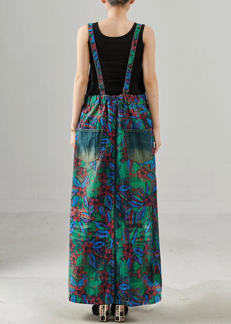 Navy Print Denim Overalls Dress Fall