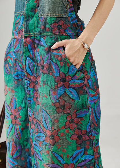 Navy Print Denim Overalls Dress Fall