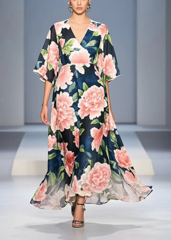 Navy V Neck Chiffon Long Dress Summer