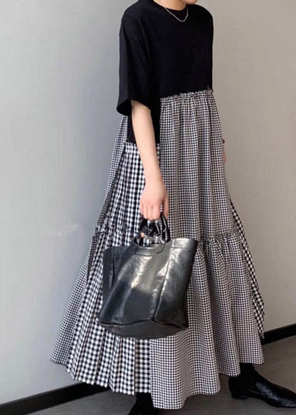 O-neck Asymmetrical Plaid Mosaic Dress