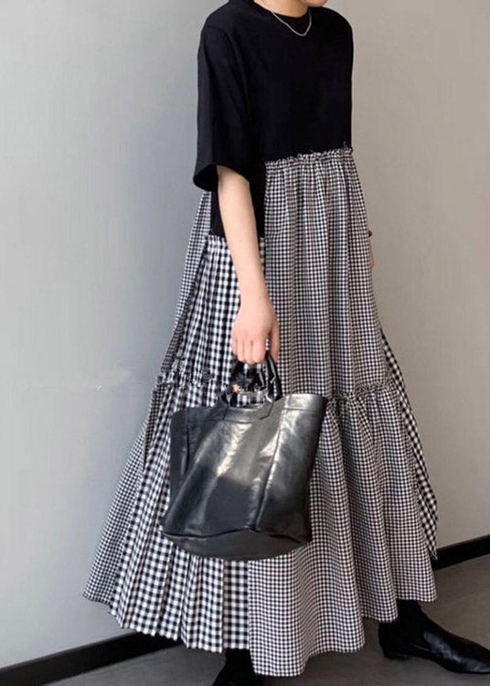 Black Print O-neck Asymmetrical Plaid Mosaic Dress
