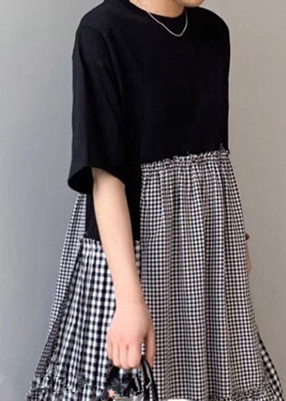 Black Print O-neck Asymmetrical Plaid Mosaic Dress