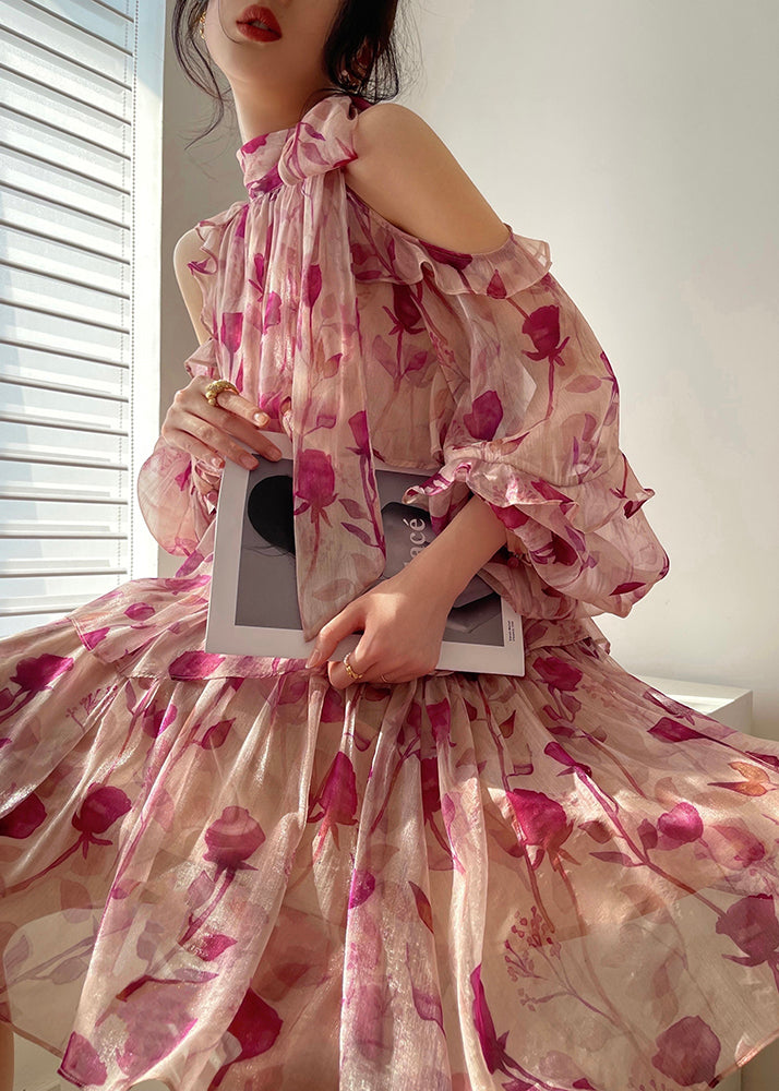 O-neck Print Chiffon Vacation Layered Mid Dress Long Sleeve