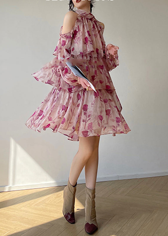 O-neck Print Chiffon Vacation Layered Mid Dress Long Sleeve