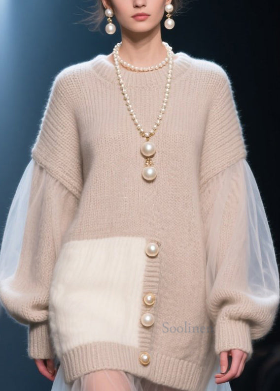 O Neck Tulle Patchwork Knit Long Sweater Fall