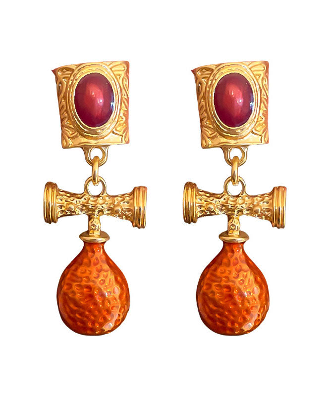 Orange Alloy Inlaid Gem Stone Drop Earrings