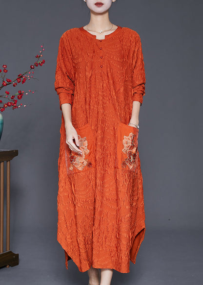 Orange Embroidered Wrinkled Silk Ankle Dress Fall