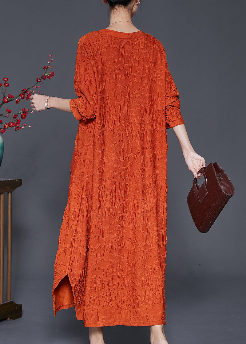 Orange Embroidered Wrinkled Silk Ankle Dress Fall