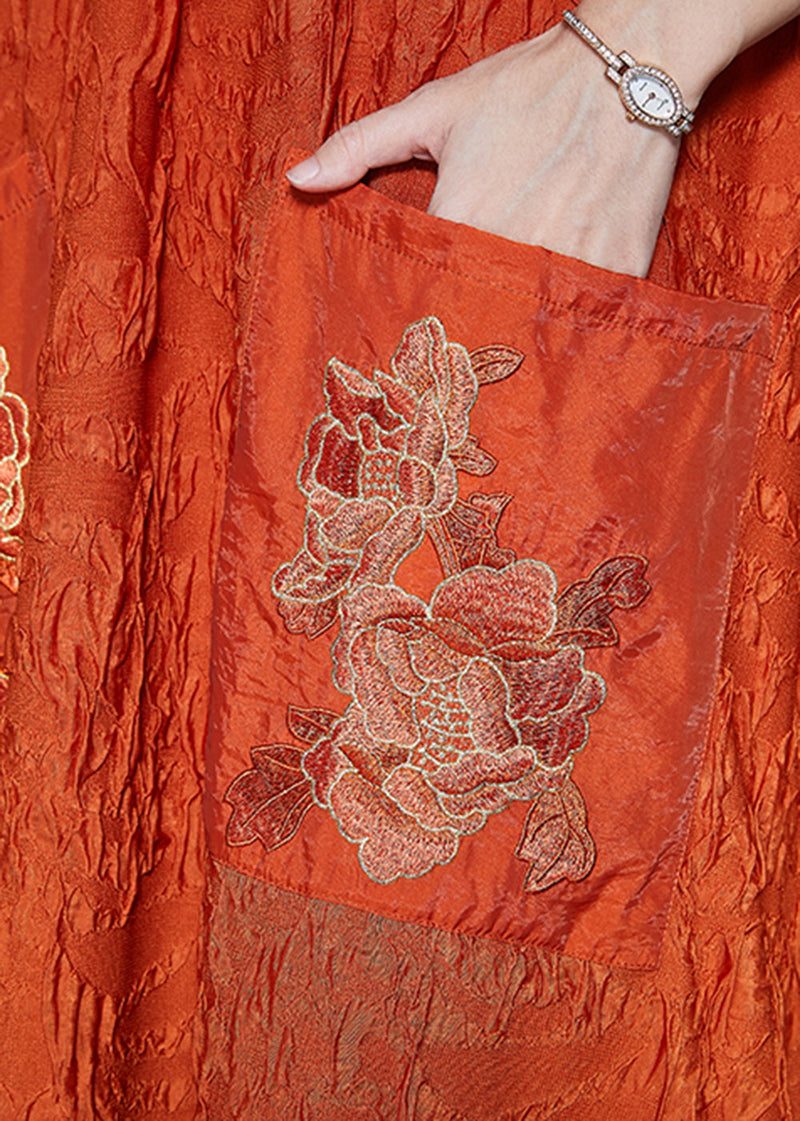 Orange Embroidered Wrinkled Silk Ankle Dress Fall