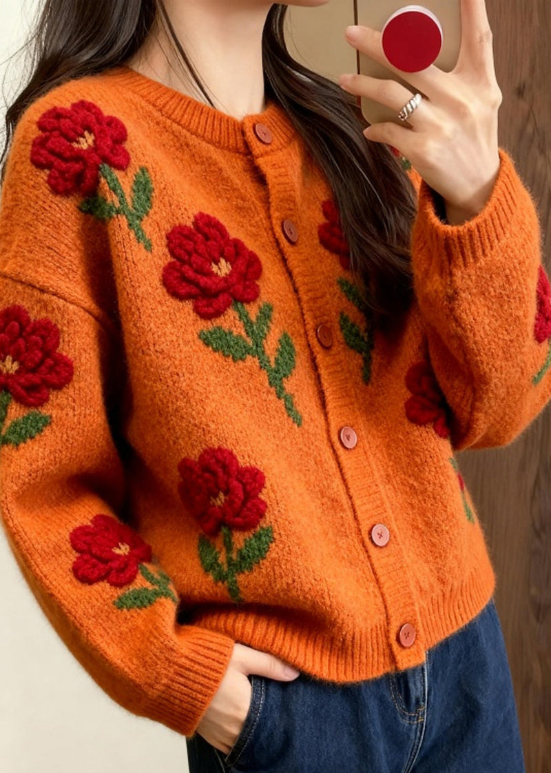 Orange O Neck Knit Loose Cardigans Spring