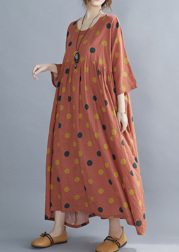 Orange Patchwork Wrinkled Maxi Dresses Bracelet Sleeve