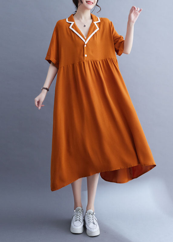 Orange Peter Pan Collar Wrinkled Patchwork Ice Silk Dress Summer