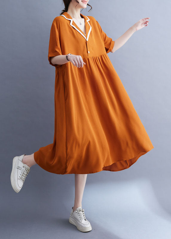Orange Peter Pan Collar Wrinkled Patchwork Ice Silk Dress Summer