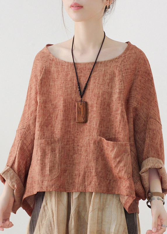 Orange Pockets Linen Pullover Sweatshirt Batwing Sleeve
