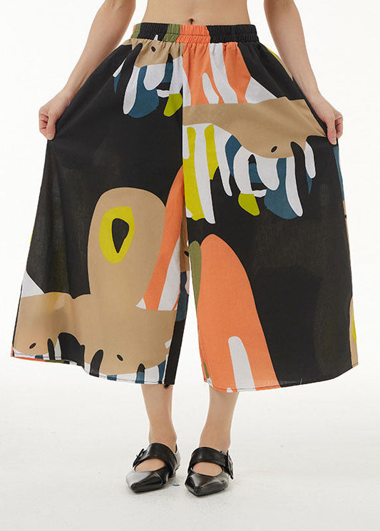 Orange Print Patchwork Cotton Wide Leg Pants Summer