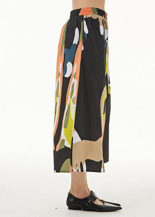 Orange Print Patchwork Cotton Wide Leg Pants Summer