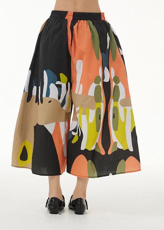 Orange Print Patchwork Cotton Wide Leg Pants Summer