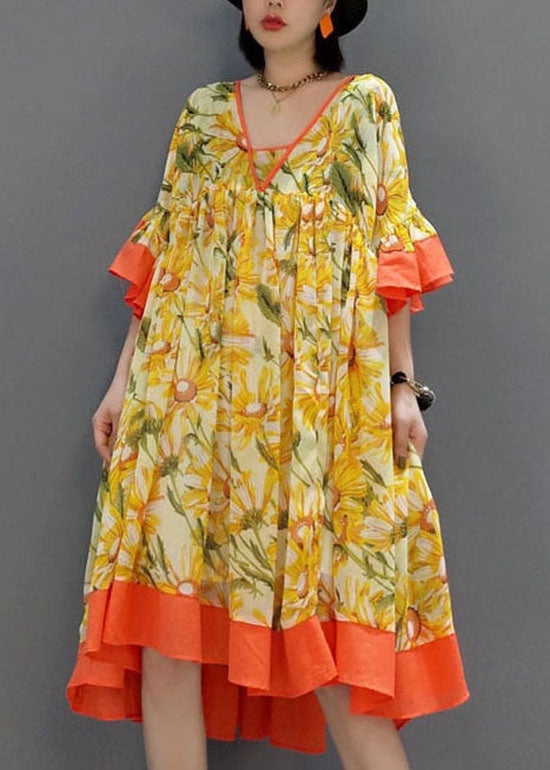 Orange V Neck Wrinkled Print Chiffon Dress Flare Sleeve