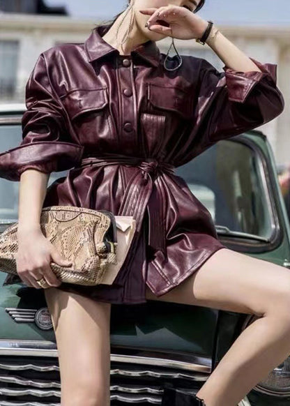 Oversized Mulberry Tie Waist Faux Leather Coats Spring
