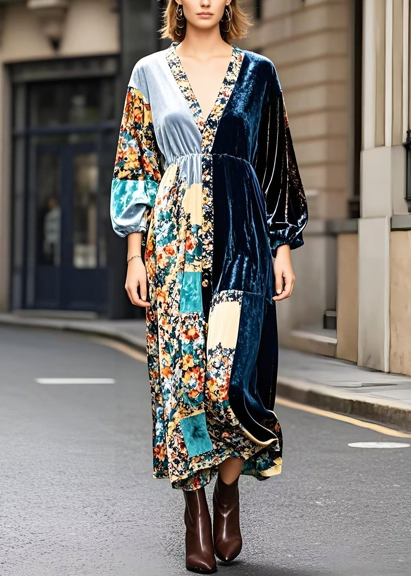 Peacock Blue V Neck Patchwork Print Silk Velvet Ankle Dress Spring