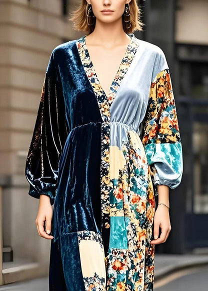 Peacock Blue V Neck Patchwork Print Silk Velvet Ankle Dress Spring