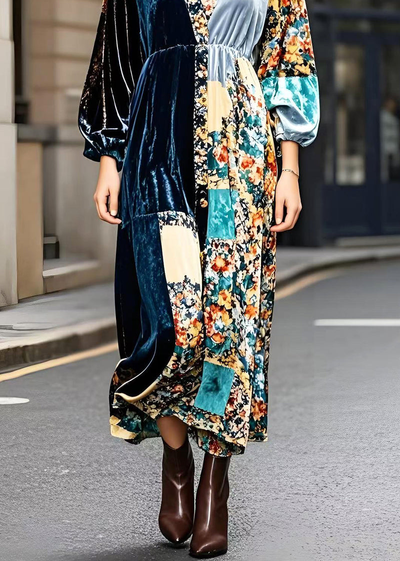 Peacock Blue V Neck Patchwork Print Silk Velvet Ankle Dress Spring