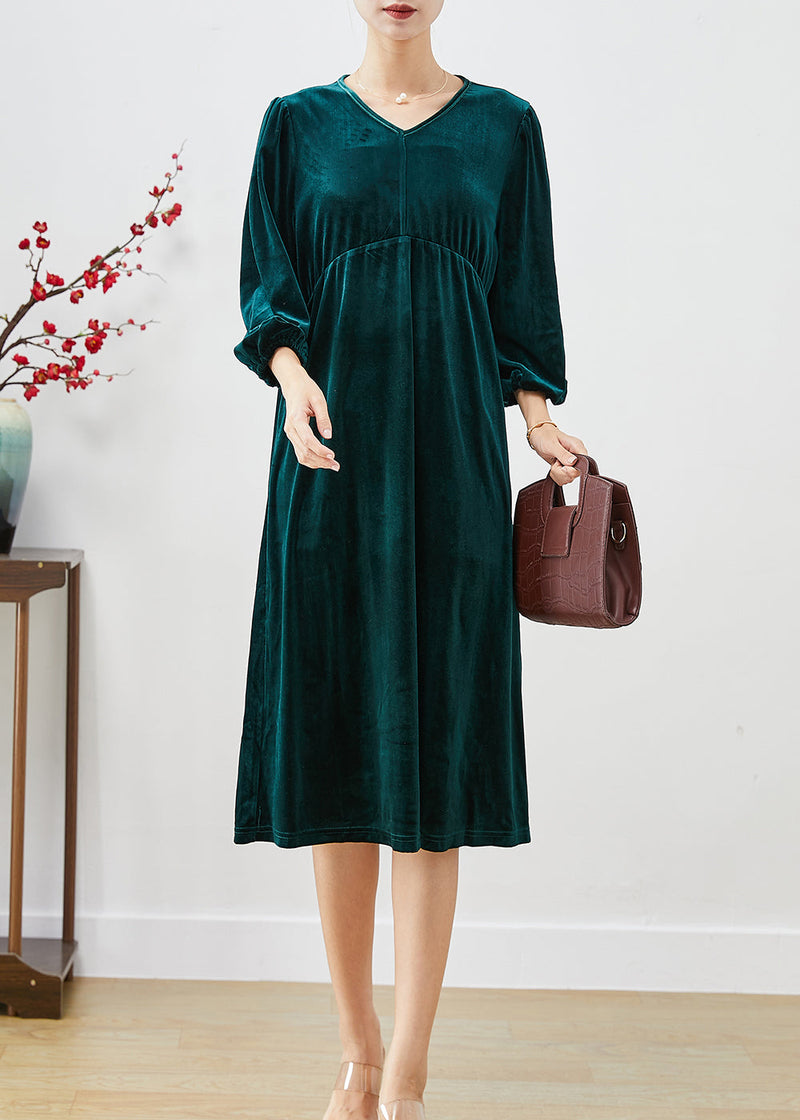 Peacock Green Oversized Patchwork Silk Velour Holiday Dress Lantern Sleeve