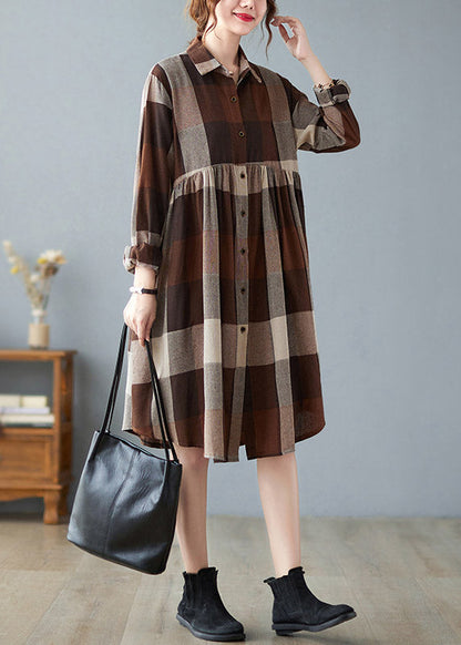 Peter Pan Collar Button Wrinkled Long Plaid Shirts Dress Long Sleeve