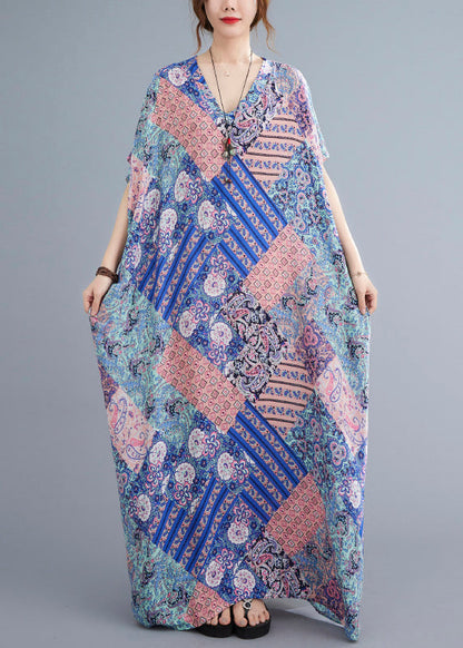 Pink Blue Print Cotton Beach Long Dresses Summer