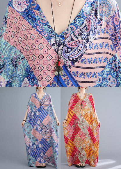 Pink Blue Print Cotton Beach Long Dresses Summer