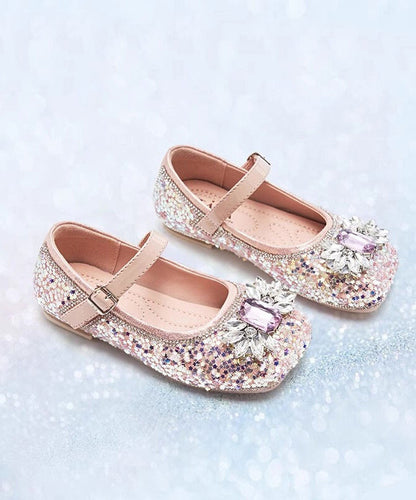 Pink Crystal Buckle Strap Flat Shoes