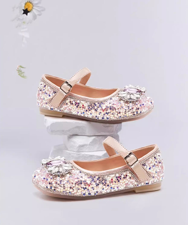 Pink Crystal Buckle Strap Flat Shoes