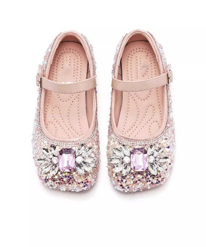 Pink Crystal Buckle Strap Flat Shoes