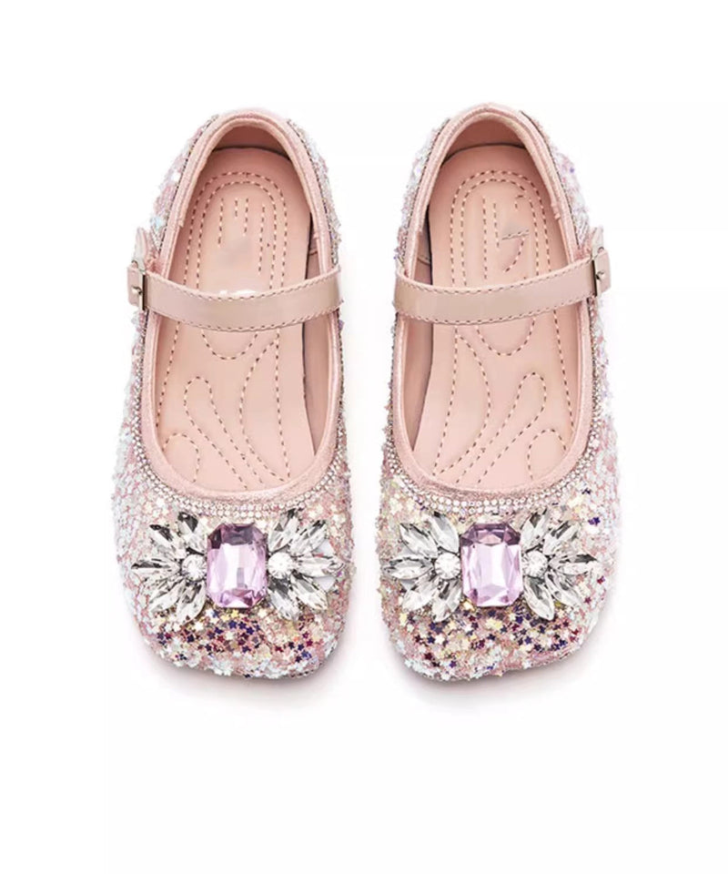 Pink Crystal Buckle Strap Flat Shoes