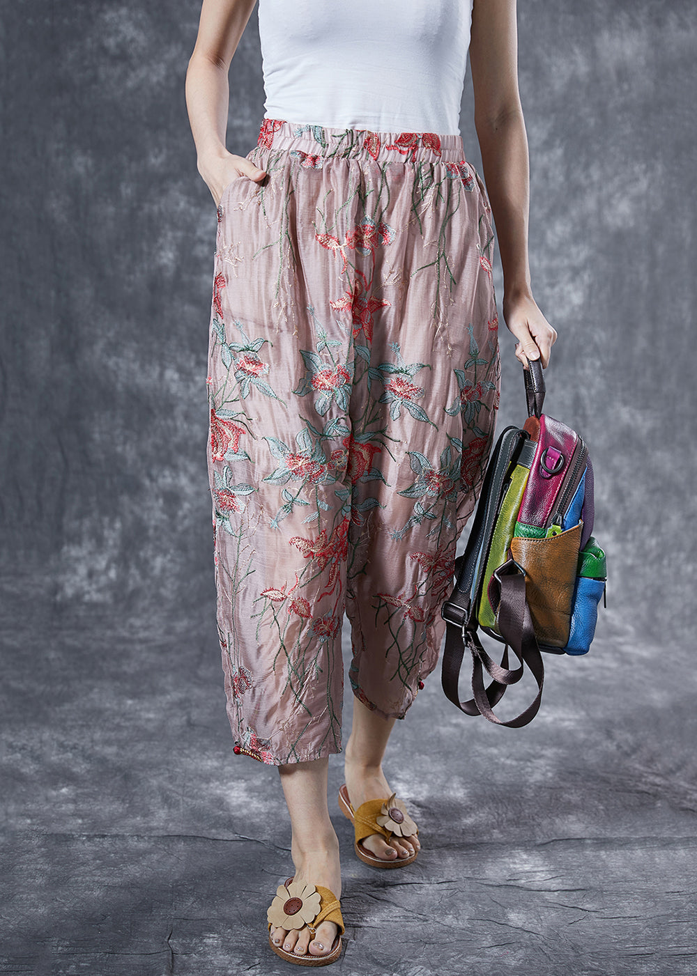 Pink Elastic Waist Embroideried Silk Harem Pants Summer