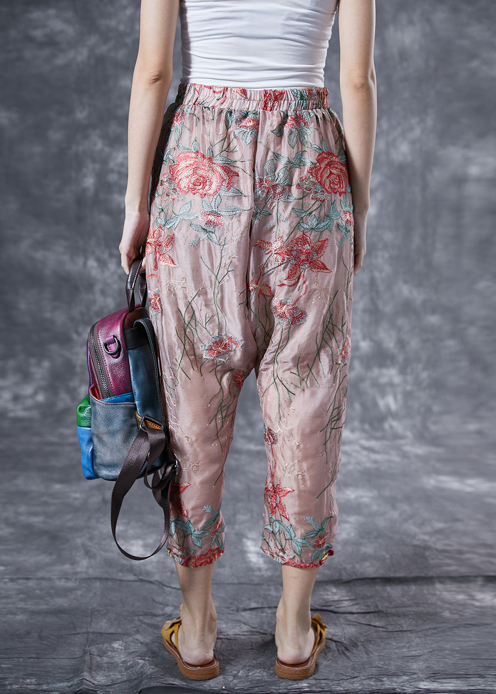 Pink Elastic Waist Embroideried Silk Harem Pants Summer