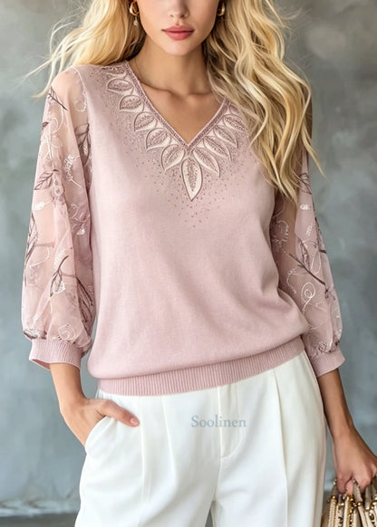 Pink Embroidered Zircon Knit Top Bracelet Sleeve