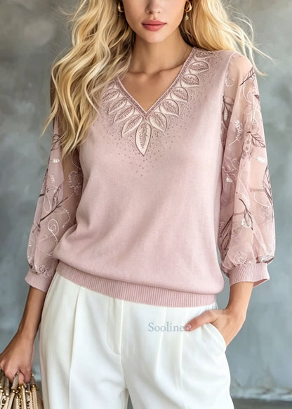 Pink Embroidered Zircon Knit Top Bracelet Sleeve