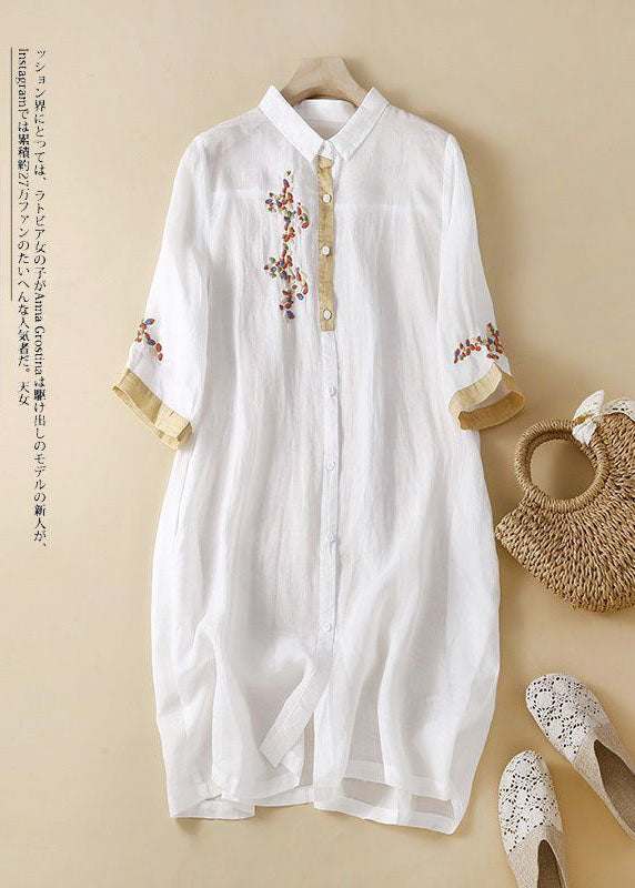 Green Polka Dots Embroidered Patchwork Linen Shirt Dress Summer
