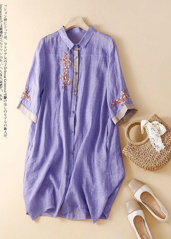 Blue Cashew Nuts Embroidered Patchwork Linen Shirt Dress Summer