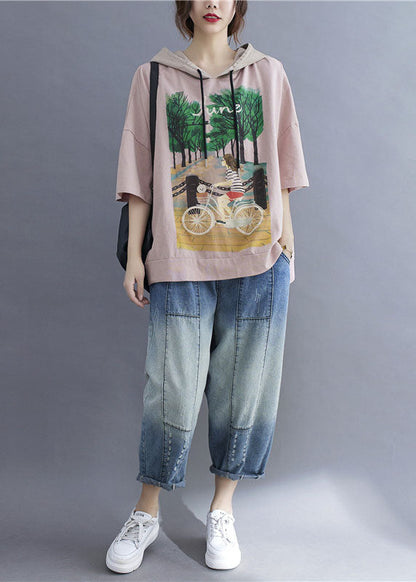 Pink Hooded Print Patchwork Cotton T Shirt Tops Summer