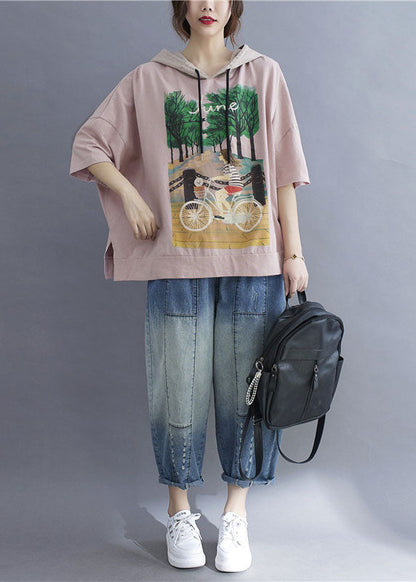 Pink Hooded Print Patchwork Cotton T Shirt Tops Summer